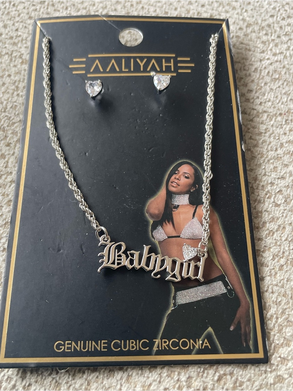 Aaliyah Silver 'Babygirl' Necklace with Heart Studs - Silver